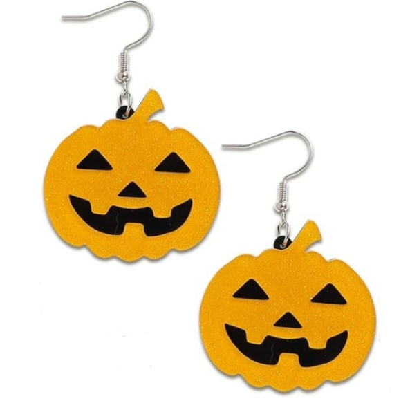 Jack O' Lantern Pumpkin Earrings Acrylic Lightweight Orange Black Halloween New - Picture 2 of 3